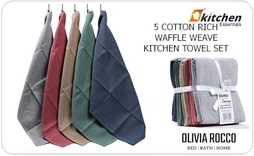 Olivia Rocco Tea Towel Pack of 5 Waffle Kitchen Tea Towels Cotton Absorbent Long Lasting Catering Bar Dish Towel, Assorted - Image 6