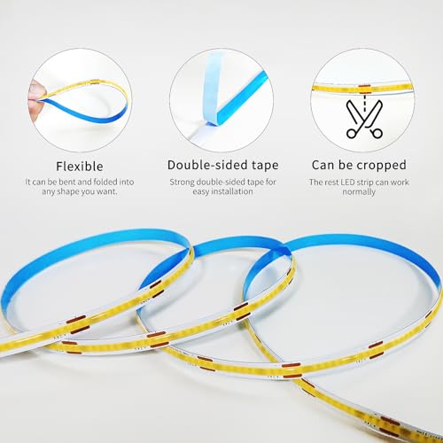 Image of 50FT COB LED Strip Lights 3000K Warm White Dimmable DC 24V Flexible LED Tape Light for Bedroom, with Remote and App Control LED Light Strip,for DIY Home Decoration