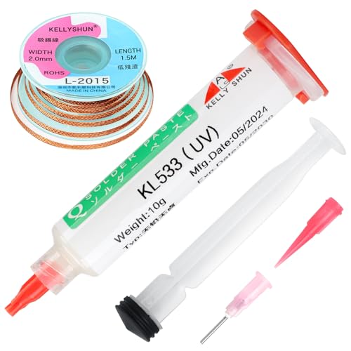 KELLYSHUN KL-533 Solder Flux & L-2015 Solder Wick,10CC/Bottle No Clean Soldering Flux Paste,1500MM Solder Wick Braid With Flux,0.08 Inch Desolder Wick,Soldering Flux for Electronics