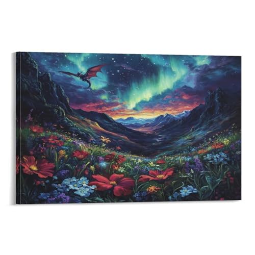 Aurores du Nord Peinture sur Toile 50x75cm pour Décoration Murale de Salon