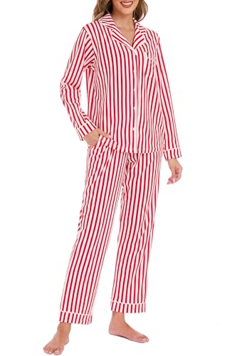 Image of LUBOT 100% Cotton Pajamas for Women 2 Piece PJ Set Button Down Long Sleeve Soft Comfy with Pockets Printed Patterned Sleepwear Loungewear (Red Stripe, XS)