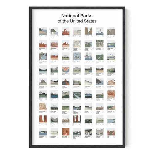 HAUS AND HUES National Parks Checklist Poster - 63 Illustrated Park Thumbnails Art Print - Vintage Style Print for Travelers, Nature Lovers, and Adventure Enthusiasts (Unframed, 24x36)