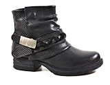 Sohle: Sonstiges Material Damen Stiefeletten Biker Boots Nieten Schnallen Knöchelhohe Stiefel Leder-Optik QBZ (36, Schwarz)