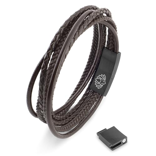 Akitsune Ambush Synthetisches Lederarmband | Magnetverschluss aus Edelstahl - Wickelarmband für Männer Herren - Armband inkl. schöner Schmuckschachtel - Schwarz-Braun - 18,00 cm