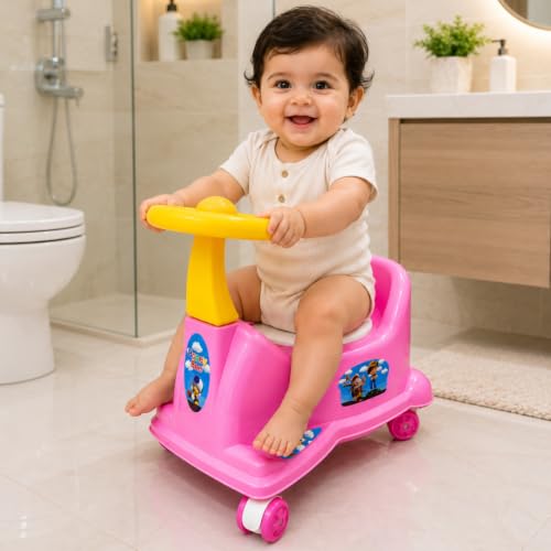 Image of Baby Potty Training Seat with Wheels & Steering | Ride On Potty Chair for Toddlers | Removable Bowl, BPA Free, Non-Toxic, Portable Toilet Trainer for Boys & Girls 6 Months to 3 Years | Pink