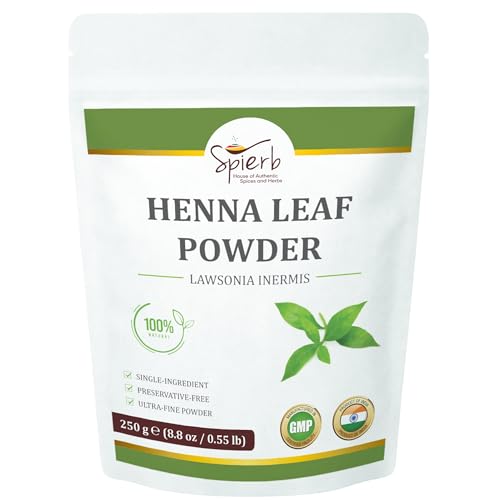 Spierb 250gm Hojas de Henna en Polvo a Base de Hierbas para Teñir el Cabello Sin Productos Químicos Colorante Natural Marrón 100% Puro Lawsonia Inermis Fácil de Usar