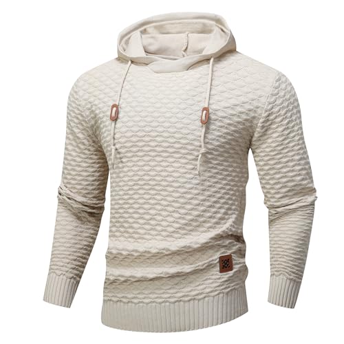 Zaitun Mens Hooded Sweatshirt Lightweight Diamond texture Warm Hoodie Drawstring Solid Knitted Pullover Sweater Khaki