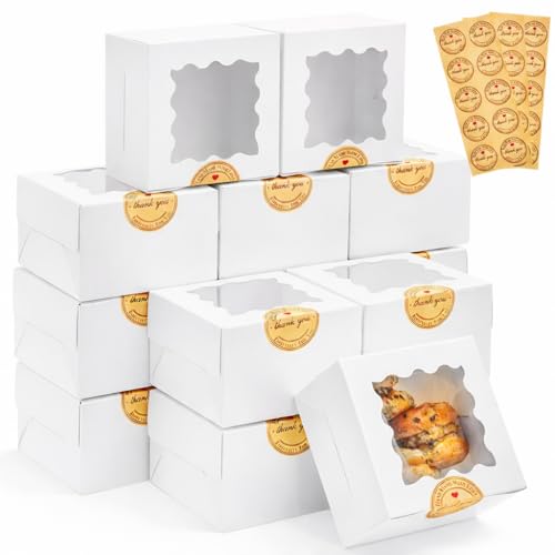 Homrelaxy 30pcs White Cookie Boxes with Window 4x4x2.5 Inches Small Bakery Boxes with Stickers for Mini Cake Macaroon Cupcakes Treat Dessert Candy Donuts Cookies Strawberries Chocolate