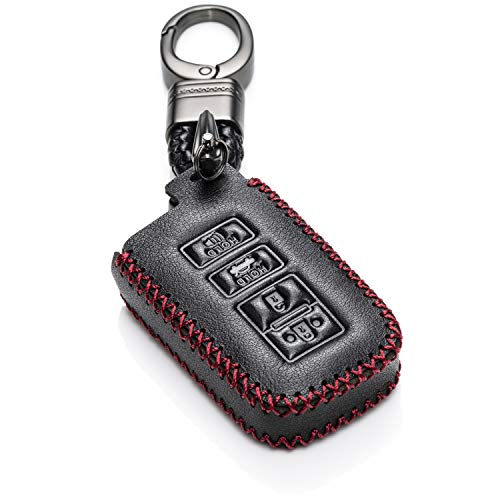 Vitodeco Genuine Leather Keyless Entry Remote Control Smart Key Case Cover Compatible with Toyota Corolla, Camry, Avalon, Rav 4, Highlander (4 Buttons, Black/Red)