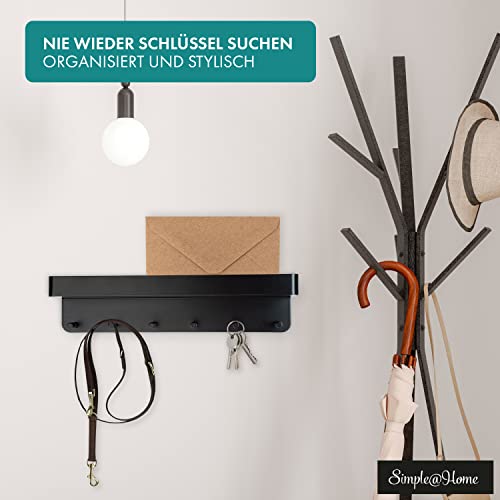 Simple@Home® Premium Schlüsselbrett mit Ablage ohne Bohren aus Edelstahl | Schlüsselboard selbstklebend mit 3M Klebestreifen | Schlüsselbrett schwarz matt | Schlüsselbrett modern mit Wandablage