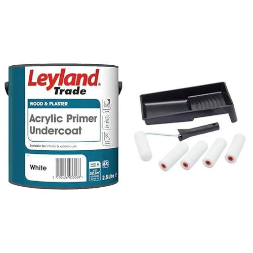 Leyland Trade Acrylic Primer Undercoat - White 2.5L & Fit For The Job 7 pc Foam Mini Paint Roller Set for Painting with Gloss & Satin