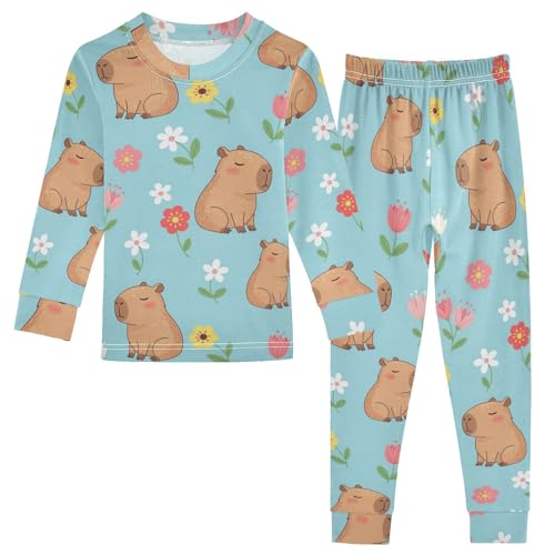 Pajama Sets Long Sleeve Capybara with Flowers Cute Soft Comfy Sleepwear 2 Piece PJS 3-8T