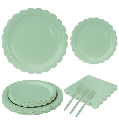 MUNILAIL 96 Pcs Sage Green Plates and Napkins Party Supplies Serve 24 Guests Including Sage Scalloped Paper Plates and Napkins Plastic Forks for Baby Shower Birthday Party Disposable Dinnerware Set