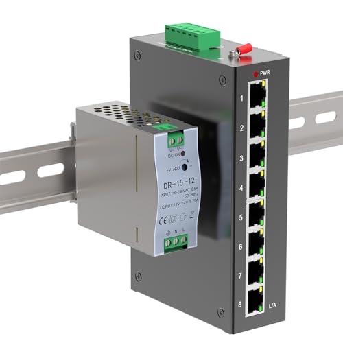 GoodTop 8 Port 100M Unmanaged Industrial Switch with DIN Rail 15W Power Supply,DIN-Rail Ethernet Switch,IP40,4KV Lightning Protection,Operating Temperature Range -40° – 80°C