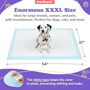 PETSWORLD Enormous Dog Training & Potty Pads, 37x54 inch - Tear Resistant with Strong Leak-Proof Backing, Optional Adhesive Tape, 100 Count PETSWORLD Enormous Dog Training Potty Pads 37×54 inch Tear Resistant with Strong Leak Proof Backing Optional Adhesive Tape 100 Count