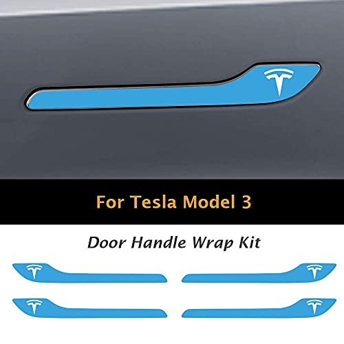 Image of IPG Compatible for Model 3 / Model Y /Juniper Door Handle Decal Sticker Wrap Kit (Set of 4) with Tesla Logo Personalize Your Tesla (Gloss Light Blue)
