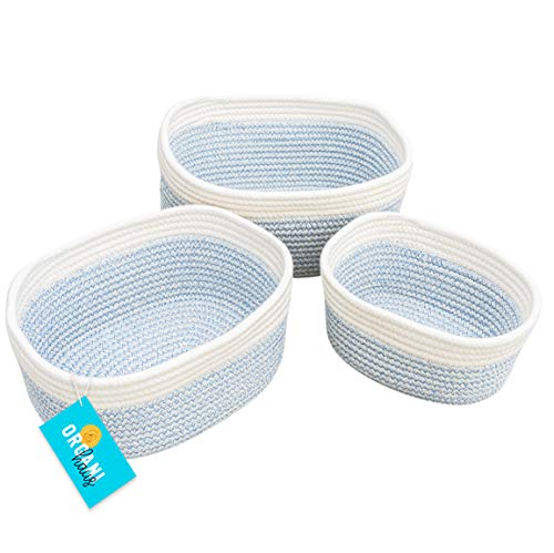 Organihaus Set Of 3 Blue Basket Storage | Small Rope Basket | Shelf Storage Basket | Decorative Nursery Storage Bins | Storage Baskets For Closet | Baby Storage Organizer | Blankets Storage Basket #TOP10