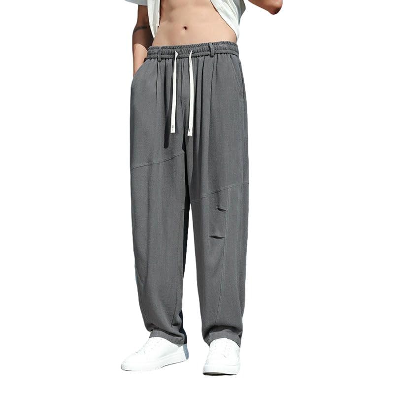 Pantalon homme coton et lin coupe droite ample à cordon - 4