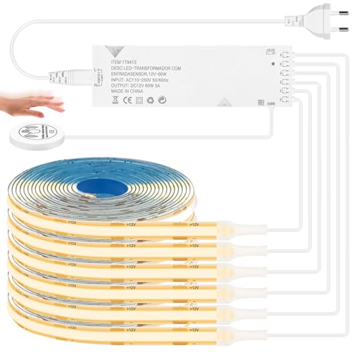 HOTUT COB LED Streifen 12V Warmweiß, 6 Rollen 1M COB LED Strip Set mit Berühren und Hand Sweep Dimmschalter, COB LED für Akustikpaneele Beleuchtung, Schrank, Vitrine, Küchen, Shelves, Regal