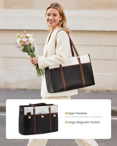 Image of LOVEVOOK Lunch Bag for Women, Leather Work Laptop Tote Bag with Insulated Lunch Compartment&Cup Holder, 15.6 Inch 2 in 1 Lunch Tote for Business, Teacher, Nurse, Office, College, Casual