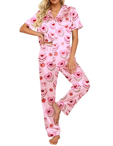 Image of Ekouaer 2 Piece Satin Short Sleeve Pajamas Set Button Down Sleepwear | Soft Pjs Set Classic Loungewear for Wedding, Party, Home, Daily Wear, Date Nights