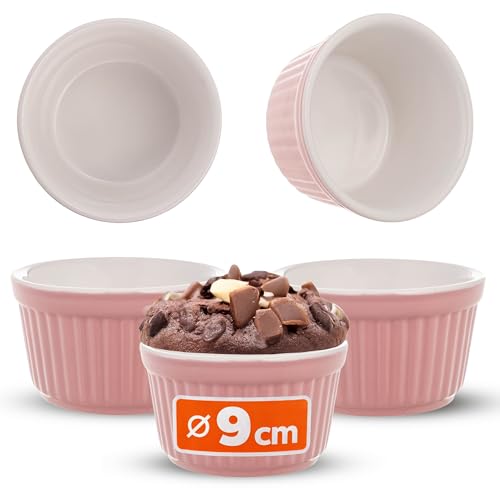 KADAX Lot de 3 ramequins à soufflé, diamètre : 9 cm, petits moules à crème brûlée, en céramique, pour crème brûlée, soufflé et ragoût (rose)