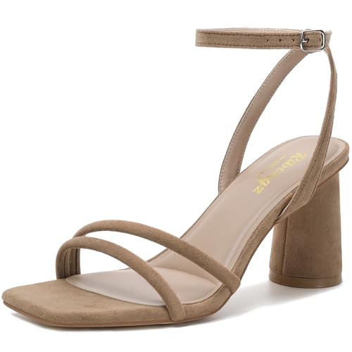 Image of RIBONGZ Block Heels Prom Heeled Sandals for Women Chunky Square Open Toe Strappy High Heels Ankle Strap Wedding Bridal Shoes High Heel Sandals for Party Dress