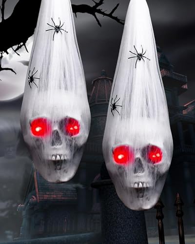 2 ornamentos pendentes para Halloween, crânio ao ar livre com 2 aranhas, Halloween olho vermelho caveira decoração de iluminação olhos vermelhos