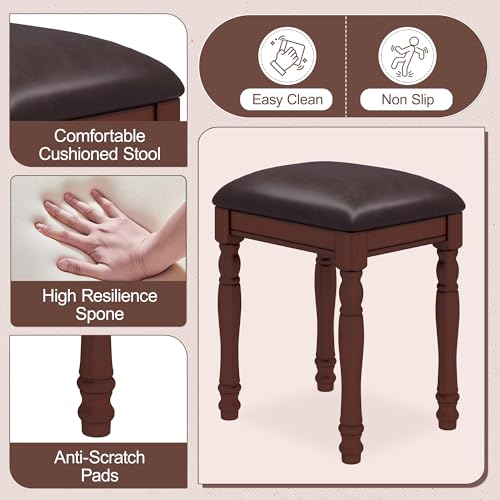 Image of JIVOIT Vintage Vanity Makeup Table and Cushioned Stool Set, Vanity Desk with Adjustable Angle Mirror, Velvet Fabric Lining 5 Drawers, Wooden Dressing Table Set for Bedroom (Walnut / /81)