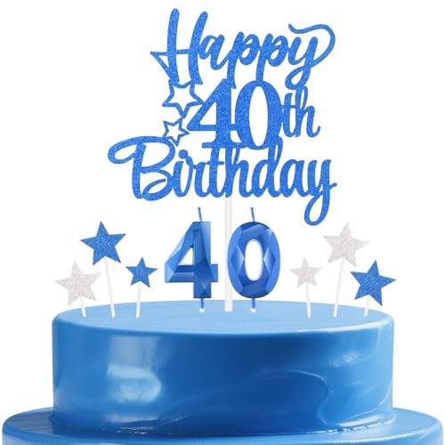 mciskin Juego de velas de cumpleaños número 40, decoración de pastel de 40 cumpleaños para hombres, vela de zafiro número 40 para pastel, decoración de pastel de estrella azul real y plateada para