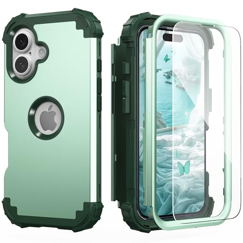 IDweel for iPhone 16 Plus Case with Screen Protector for Women, 3 in 1 Shockproof Slim Fit Hybrid Heavy Duty Hard PC Cover Soft Silicone Bumper Full Body Anti-Fingerprint Case,Mint Green