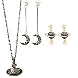 Pendientes de collar de Saturno, aretes con colgante Sky Star Saturn Planet, aretes de diamante de luna para mujer, collares de una sola capa para mujer colgante de obsidiana (3 piezas)