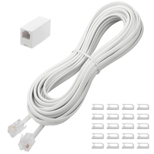 Uvital 25 Feet Phone Line Cord, RJ11 Phone Cable, Landline Telephone Wire with Telephone Coupler and 20pcs Cable Clips, for Modem, Fax Machine - White