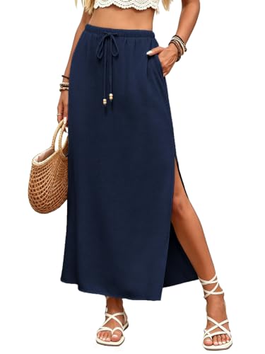 Violiyar Linen Maxi Skirts Slit Skirt Elastic Waist Drawstring Long Linen Slit Boho Skirts for Women with Pockets Navy Blue