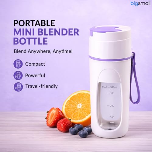 Image of Bigsmall Portable & Rechargeable Smoothie Blender Leak-Proof Lid - For Smoothies, Juices, Milkshakes, Baby Food, Ice Crushing & More (340ml) - 10 Stainless Steel Blades- (Purple)