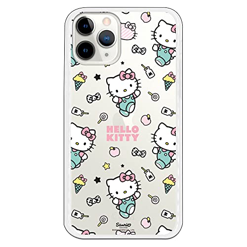 Personalaizer Funda Silicona Flexible Transparente para iPhone 11 Pro con Diseño de Hello Kitty y Patrón de Stickers - Estilo Kawaii - Carcasa TPU