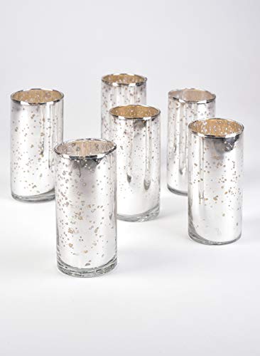 Serene Spaces Living Set Of 6 Antique Silver Cylinder Vases, Vintage-Style Handmade Mercury Glass Finish For Weddings, Parties, Events, Measures 4" Tall And 2" Diameter #TOP2