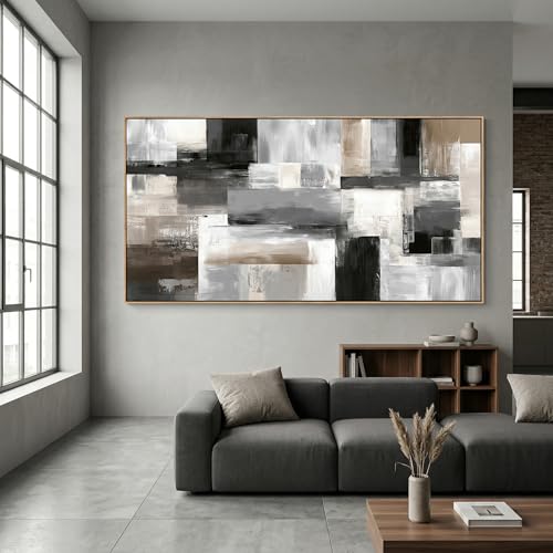 HUADAOART 24x48 Inch Large Framed Canvas Wall Art Modern Abstract Geometric Painting with Neutral Black Grey Beige Blocks Minimalist Textured Artwork Ready to Hang for Living Room Bedroom Home Office Decor by HUADAOART - Used condition - Image 3