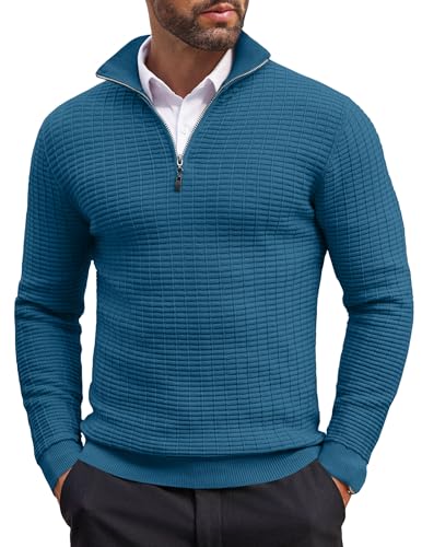COOFANDY Men's Quarter Zip Sweaters Slim Fit Lightweight Cotton Knitted Casual Mock Neck Pullover Sweaters Peacock Blue
