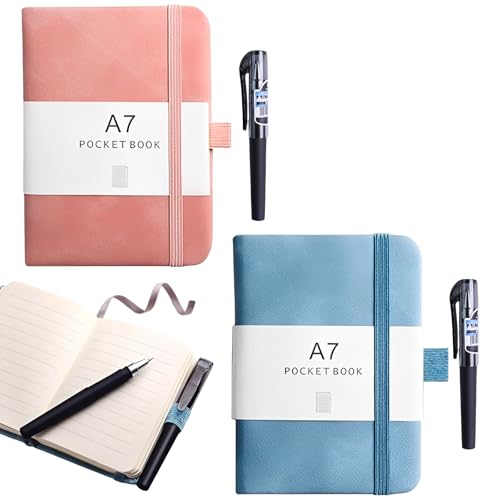 NiceNaiils 2 Pcs libretas A7 Con pluma, juego de cuadernos de 2 piezas, pequeño, bloc de notas de 11 cm x 8 cm, Gris, rosa, cuaderno de bolsillo, diario de viaje, cuaderno de cuero