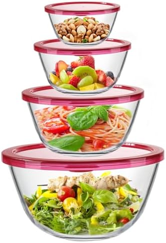 KOMUEE Glass Mixing Bowls with Lids Set, 4-Piece Nesting Kitchen Bowls for Salad, Serving, and Baking, Oven Safe Glass Bowl
