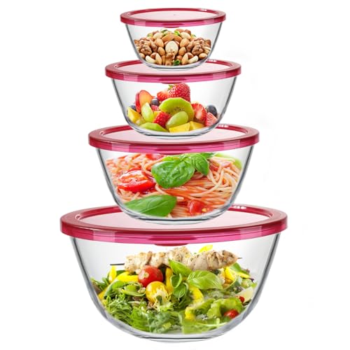 KOMUEE Glass Mixing Bowls with Lids Set, 4-Piece Nesting Kitchen Bowls for Salad, Serving, and Baking, Oven Safe Glass Bowl