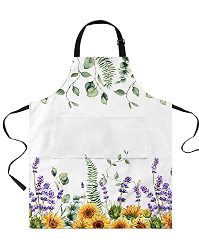 Ftopucans Sunflower Aprons For Women Men With Pockets, Wildflowers Eucalyptus Lavender Spring Summer Adjustable Waterproof Kitchen Chefs Apron For Grilling Cooking Bbq Painting #TOP12