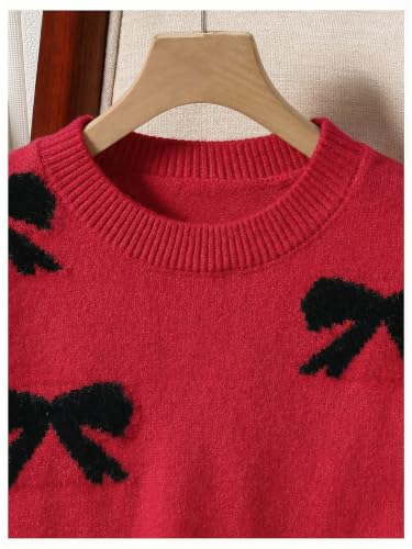 Image of BEAUDRM Girl's Cute Bow Sweater Crew Neck Long Sleeve Drop Shoulder Loose Pullover Tops