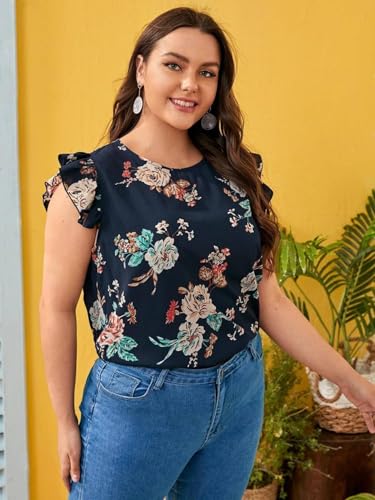 Image of KOTTY Womens Floral Flutter Sleeve Empire Navy Blue Button Boat Neck Top