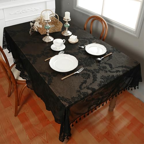 Nappe rectangulaire noire motif dentelle et fleurs table basse