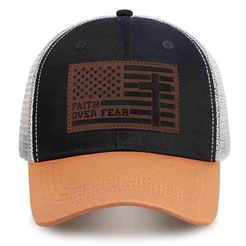 Christian US Flag Trucker Hat for Men and Women Christian Cross Hats Religious Leather Patch Adjustable Baseball Cap Gift