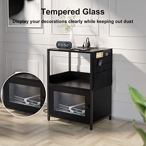 Sauce Zhan Nightstand With Charging Station, Bedside Table With Usb Ports And Outlets, Fabric Bags, Side Table With Storage Drawer And Shelf End Sofa Table For Living Room, Bedroom, Black #TOP4