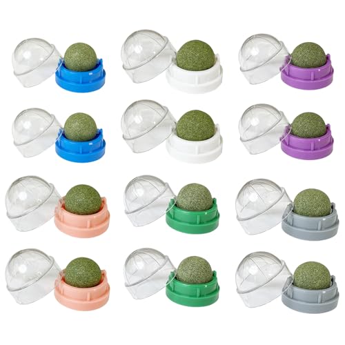 Denash Juguetes de Hierba Gatera para Gatos, Bolas Esféricas de Hierba Gatera de Material ABS con Fresca, para Juegos Interactivos, Control de Bolas de Pelo y Limpieza (12 PCS)