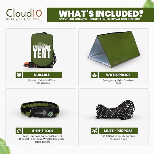 CloudTen Emergency Tent: Lightweight 2 Person Mylar Survival Tent with Multi-Function Paracord Bracelets - Survival Gear & Bug Out Bag Items for Preppers, Hikers, Survivalists, Campers, Boy Scouts - image 2